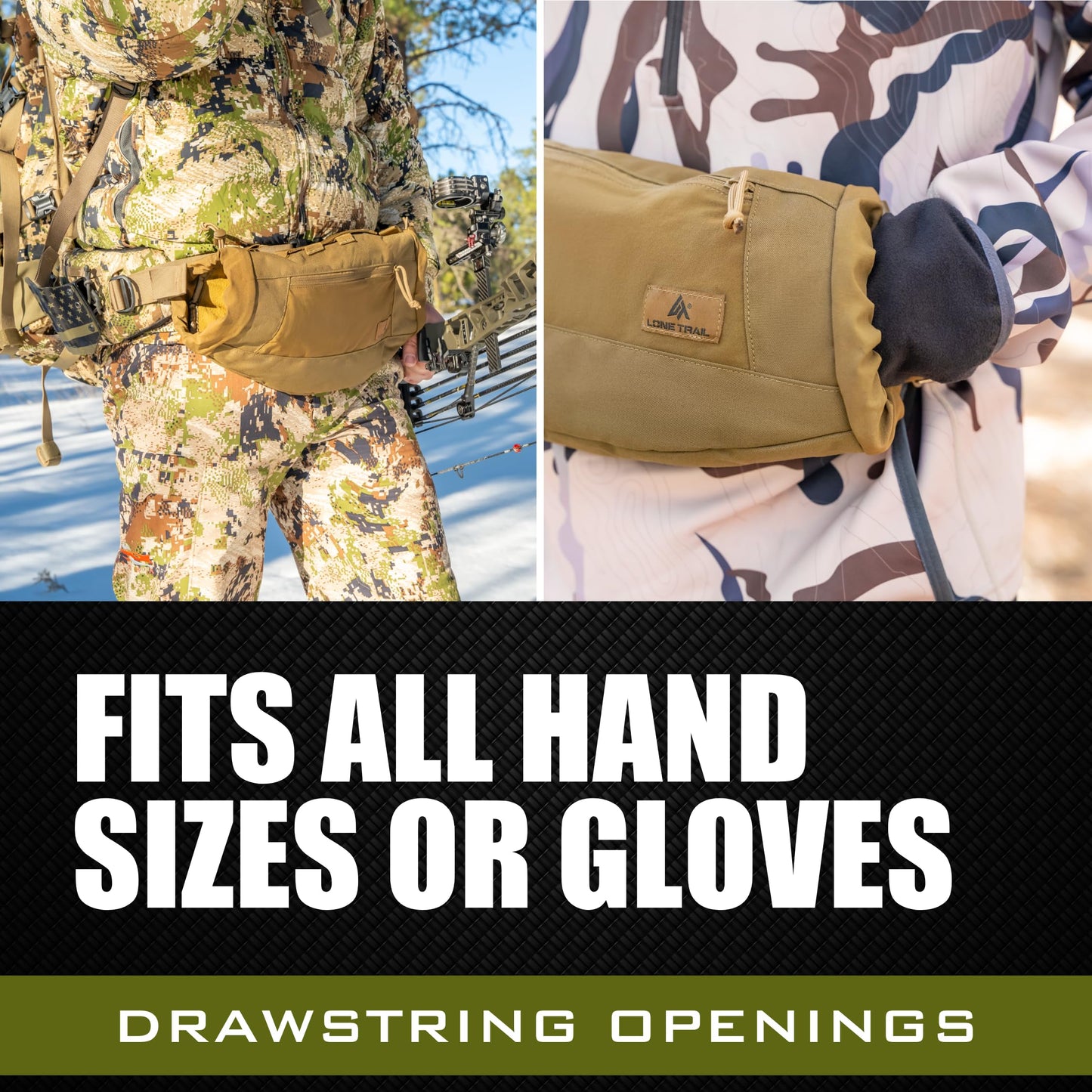 Lone Trail Hiking Hunting Hand Warmer Pouch, Hiking, and Camping with 500D Water Repellent Exterior -Army Hand Muff Hunting Gear 9oz Ultra Light and Adjustable, Sherpa Fleece Lined Tactical HandWarmer