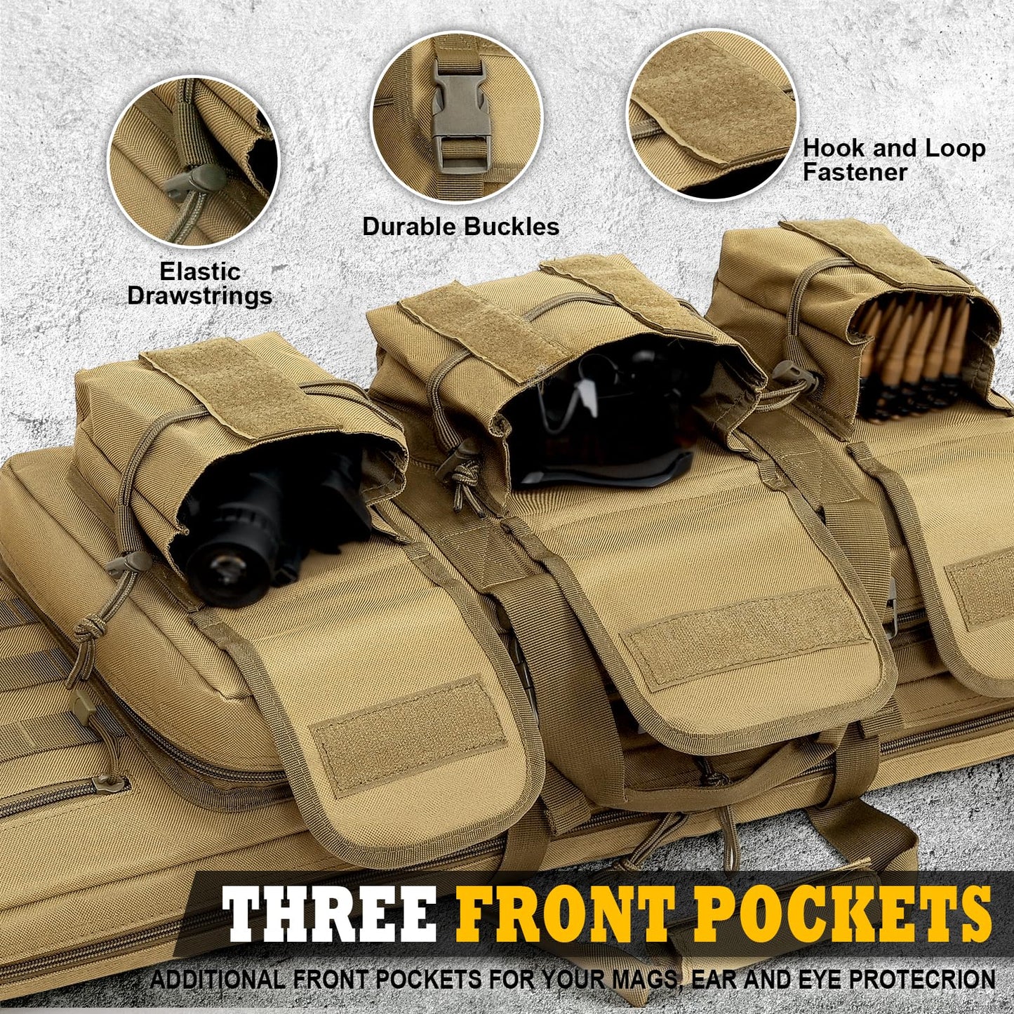 DULCE DOM Double Rifle Case, Soft Tactical Backpack for Hunting Shooting Range, Dual Storage Gun Bag for 2 Rifles & Pistols with Lockable Zippers & MOLLE System(Khaki, 42", Stowaway Backpack Straps)