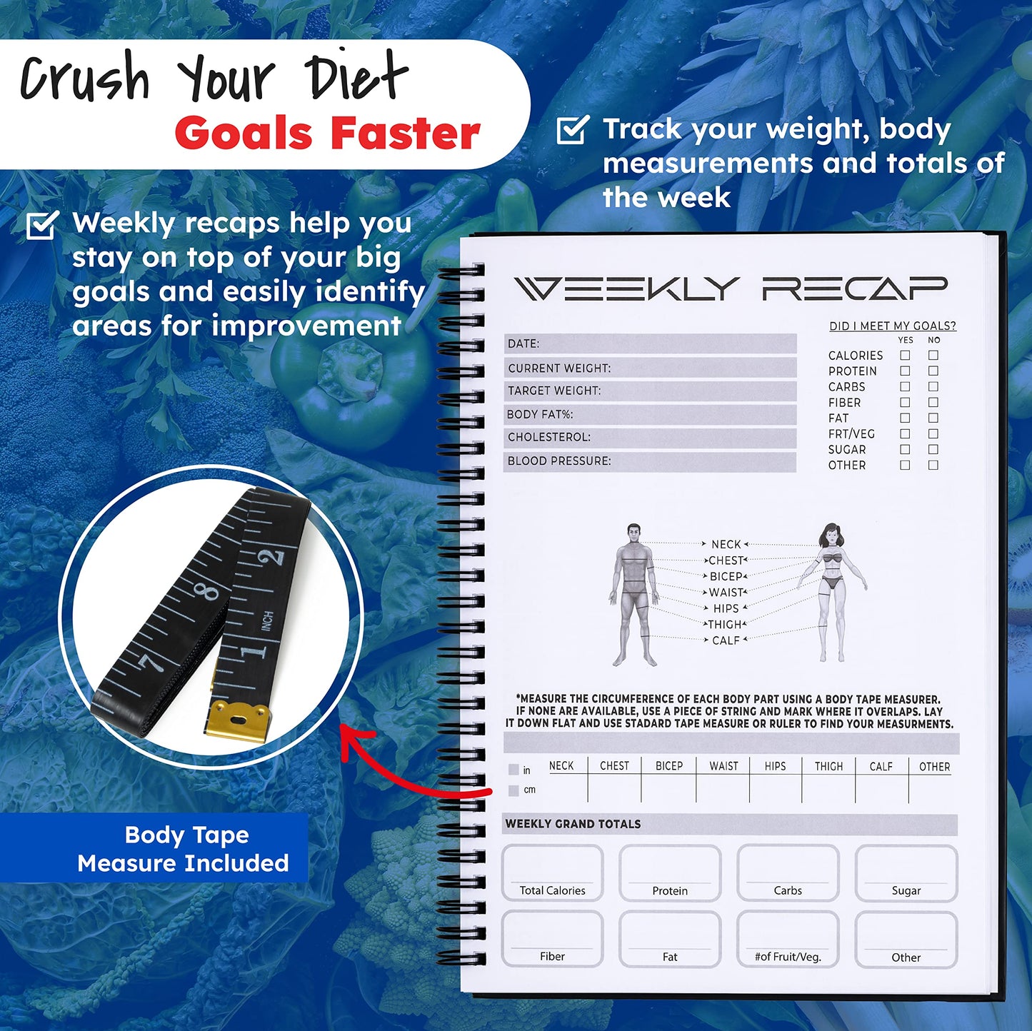 Gridlock Gear Workout Notebook Log and Fitness Journal for Men & Women - US Marine Design Diet & Gym Exercise Log Book with Body Tape Measure and Pen - Track Meals, Nutrition, Weight Loss and Bodybuilding