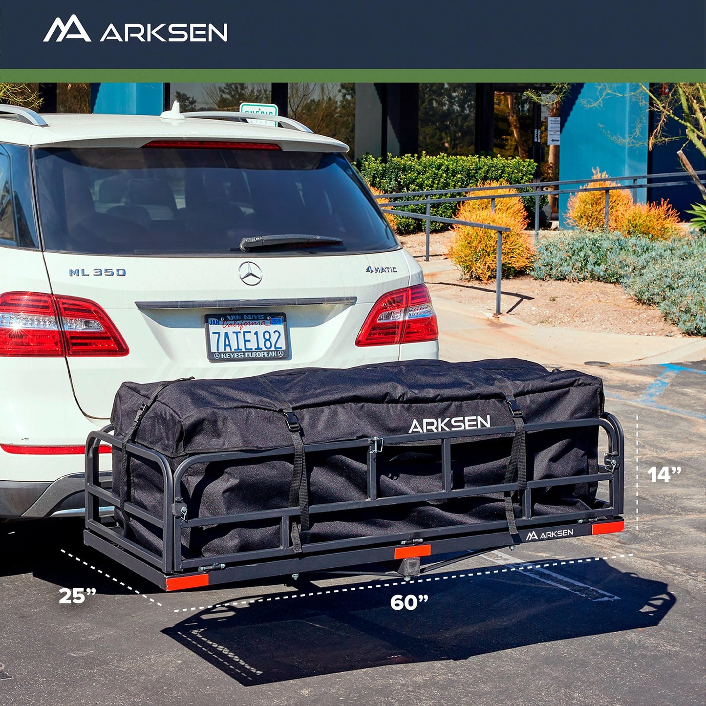 ARKSEN 60" x 25" x 14" Folding Cargo Rack Carrier with Bag, Net, Stabilizer & Straps 500 Lbs Heavy Duty Capacity 2 Inch Receiver Luggage Basket Hitch Fold Up for SUV Pickup Camping Traveling