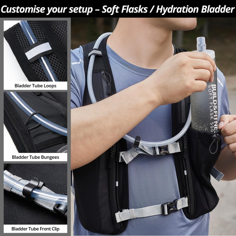 Running Hydration Vest for Women and Men 8 Pocket, Black Vest with 1.5L Bladder + 2X 500ml Soft Flasks Quick Dry, Water-Resistant, Breathable, Adjustable Backpack for Runs, Hiking, Cycling, Marathons