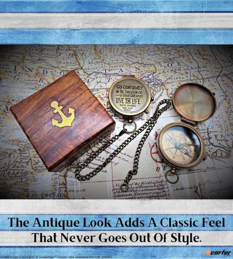 Carfar Nautical Compass Go Confidently in the Direction of Your Dreams! Live the Life You've Imagined Engraved Solid Brass Navigational Vintage Marine Compass with Wooden Box
