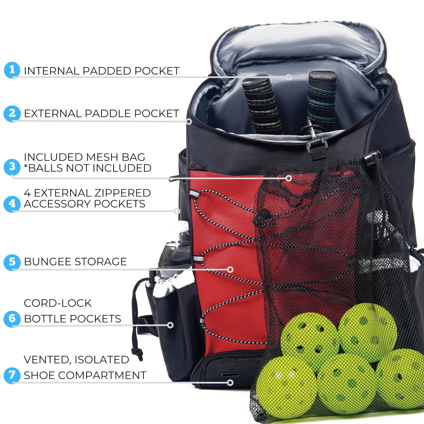 Athletico 35L Pickleball Backpack - Fits Up to 2 Paddles, Includes Ball Holder (Red)