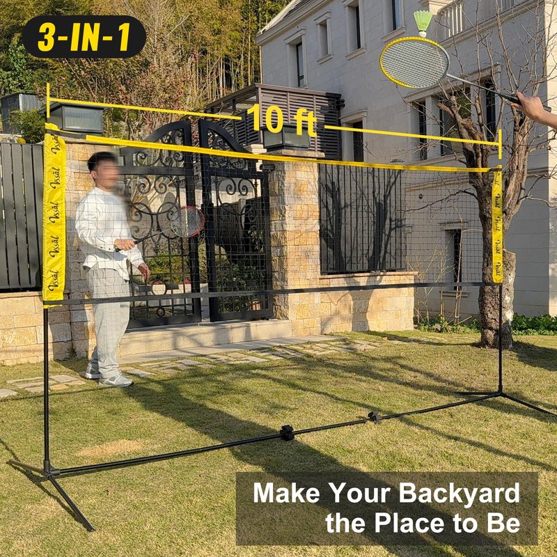 VSSAL 3-in-1 Portable Badminton, Volleyball & Pickleball Net Set for Adults, Adjustable Height 34"–7 ft for Backyards or Beach, Outdoor Sports Combo with Carry Bag, Rackets, Paddles & Balls (10 ft)