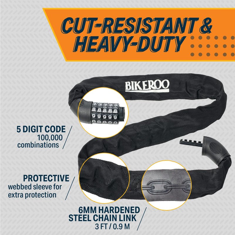Bikeroo Bike Lock Chain - Heavy Duty Combination Bicycle Anti Theft Protection - 3 Foot Security Cable for Bikes, Scooter & E-Bike