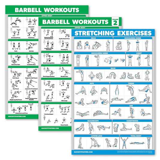 Palace Learning 3 Pack - Barbell Workout Posters Volume 1 & 2 + Stretching Exercise Chart - Set of 3 Posters (LAMINATED, 18" x 24")