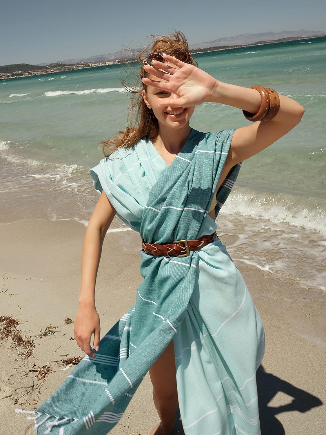 BAY LAUREL Turkish Beach Towel - Quick Dry, Sand-Free, Lightweight | 39 x 71 Inches, Aqua with Floral Bag