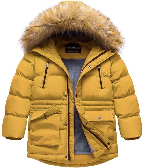 CREATMO US Boy's Parka Hooded Coat Mid-Long Winter Puffer Jacket For Kids Yellow 14-16