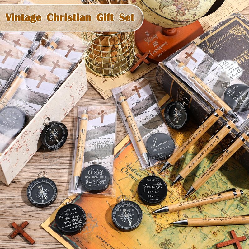 Spakon Christmas Christian Gifts Bulk Bible Verse Compass Pen Engraved Inspirational Compass with Religious Bookmarks Church Welcome Gifts for Men Women Christian Sunday School(30,Bamboo Pen)