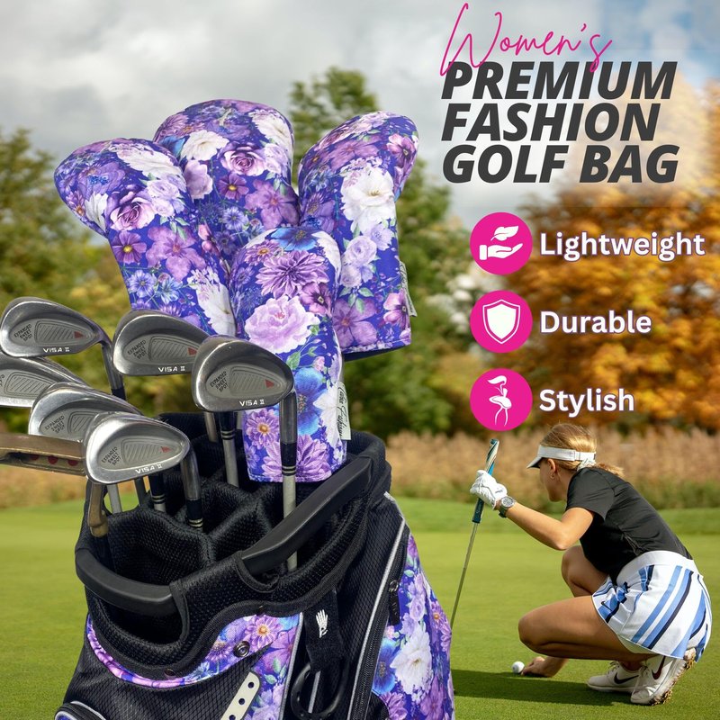 Taboo Fashions Designer Resort Golf Club Covers for Women - Numbered Golf Headcovers Set for Driver, Woods & Hybrid - Weather/Moisture Resistant Protection, Pack of 4 (Purple Petals)