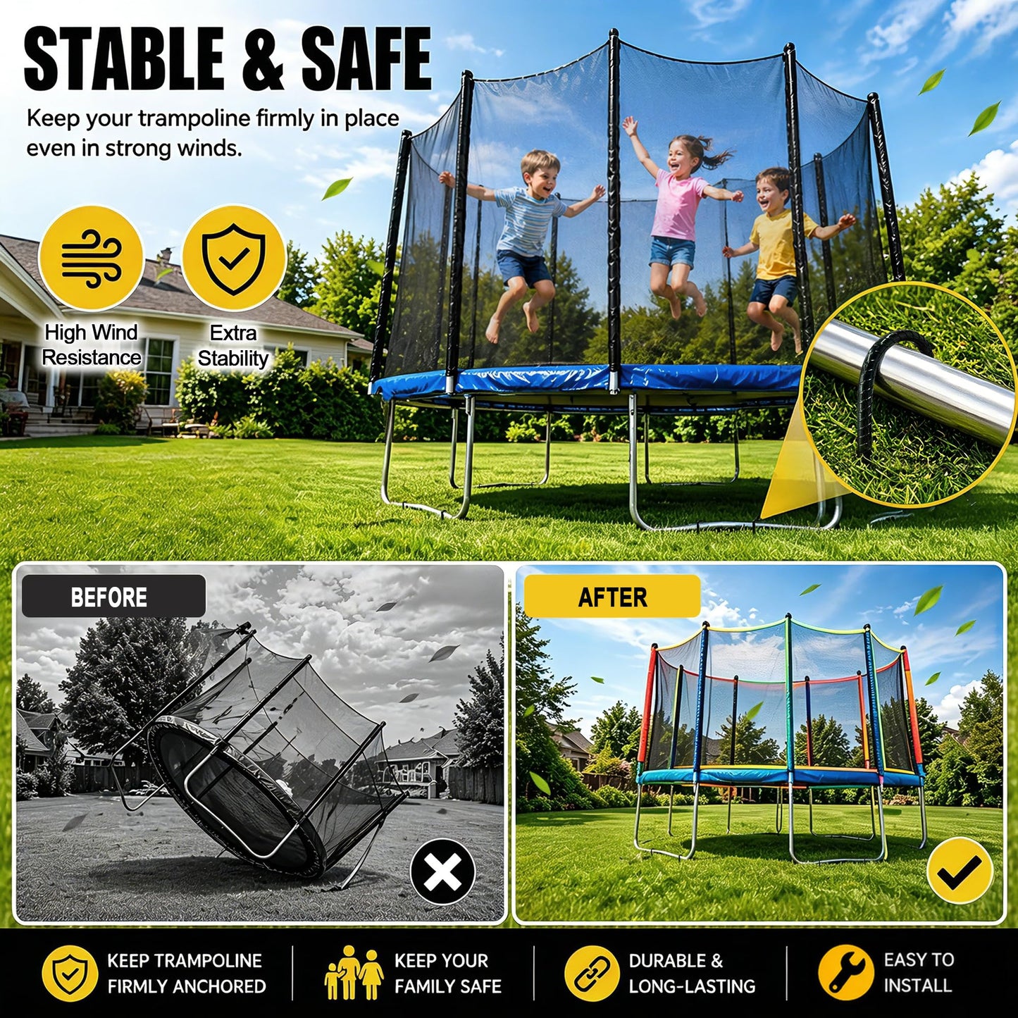 RIY Trampoline Stakes Anchors High Wind 12'' Ground Anchor Heavy Duty Tent Stakes Swing Set Anchors Trampoline Accessories with T Hook - Black 8pcs