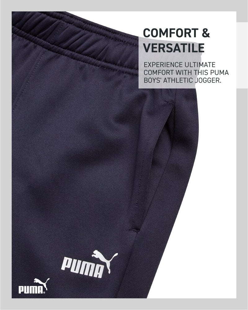 PUMA Boys Sweatpants - Performance Boys Jogger Pants with Drawstring & Pockets - Soft Fleece Athletic Sweatpants (Sizes 8-20), Size 10-12, Navy Side Logo