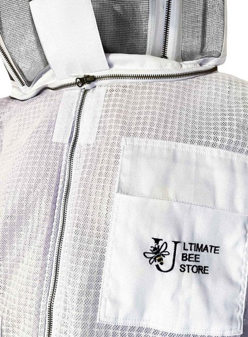 Ultimate Bee Store Ultra Ventilated Bee Jacket Beekeepers 3 Layer Beekeeping Jacket Sting Resistant Apiarist Jacket for Men & Women with Pair of Gloves (White Fencing Veil, Large)