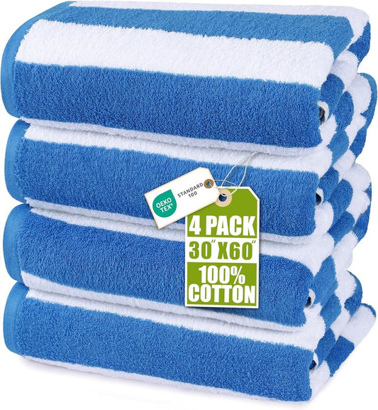 Oversized Cabana Beach Towels - Pack of 4 Cotton 30x60 Inches | Modern Striped Design in Blue