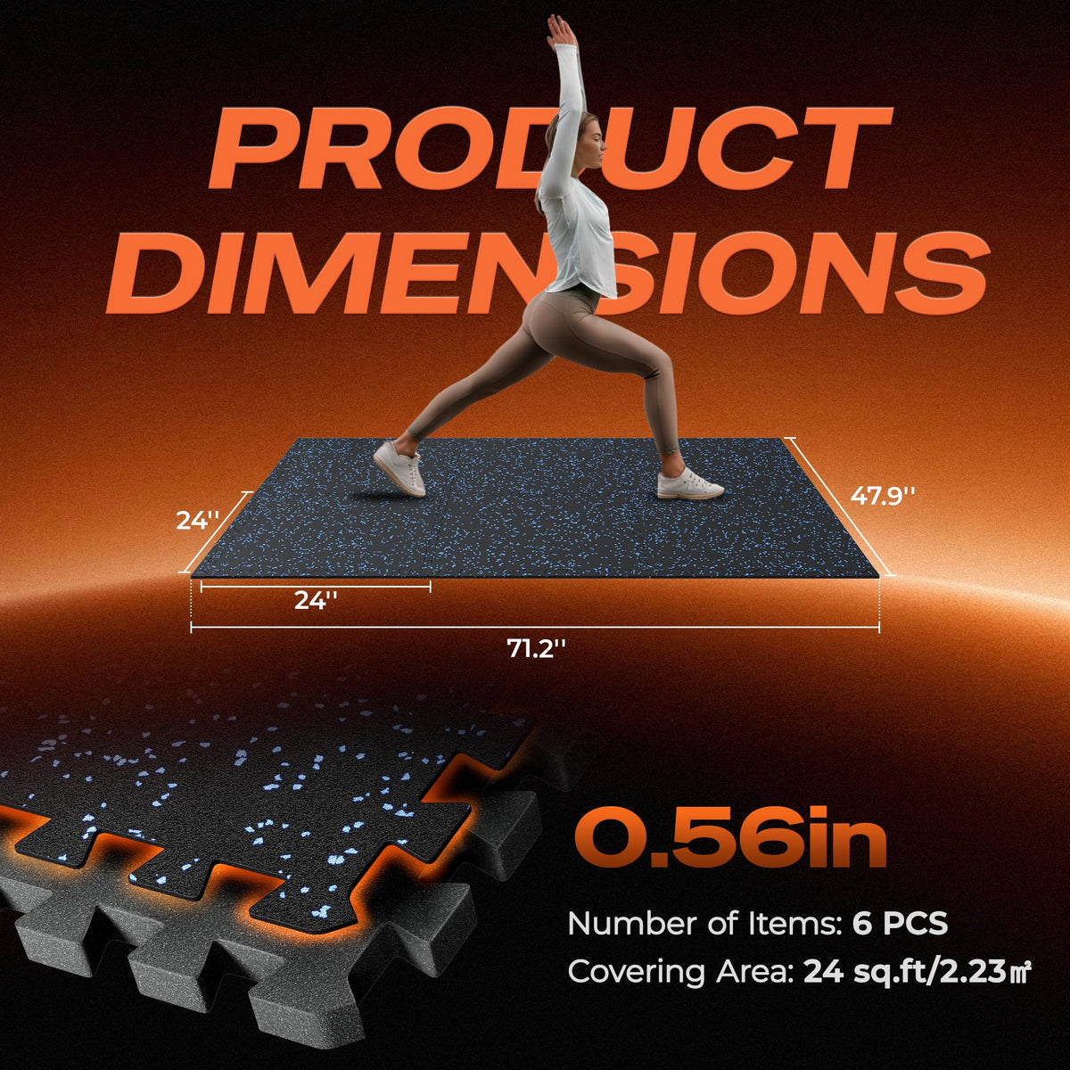 SUPERJARE 0.56'' Thick 6 Pcs 24 Sq Ft Rubber Top Exercise Equipment Mats, High Density EVA Foam Mats with Rubber Top, Interlocking Gym Flooring for Home Gym, Protective Workout Mat, Black/Blue