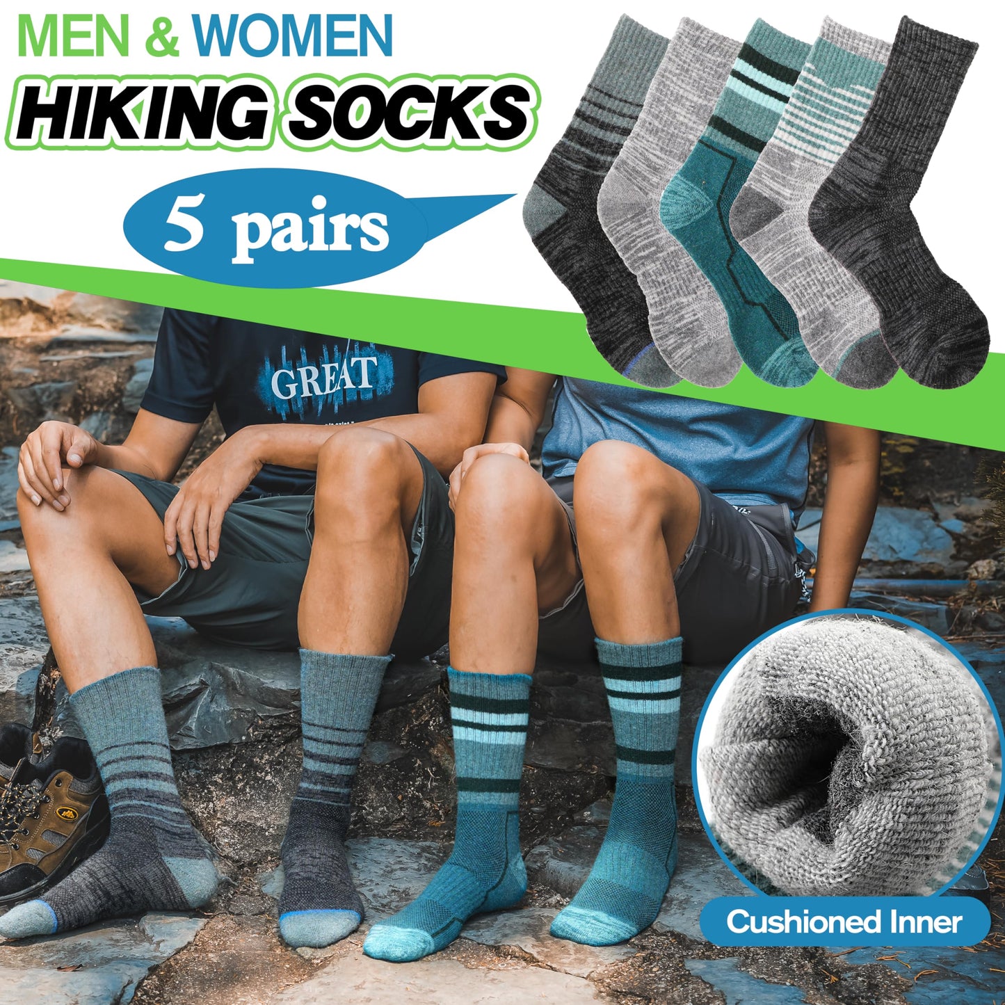 ANTSANG Merino Wool Hiking Socks for Men & Women Thermal Warm Winter Thick Cozy Crew Work Boot Gift Socks Stocking Stuffers 5 Pairs(Green/Grey/Black,L)