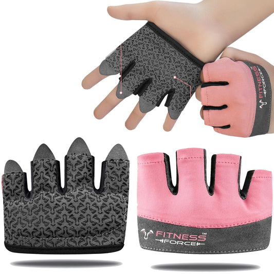 FITNESS FORCE Workout Gloves for Men & Women Partial Weight Lifting Gloves Non-Slip Gym Gloves Lifting Grip Calluses Guard Fingerless Exercise Gloves with Full Palm Protection (Pink, Medium)