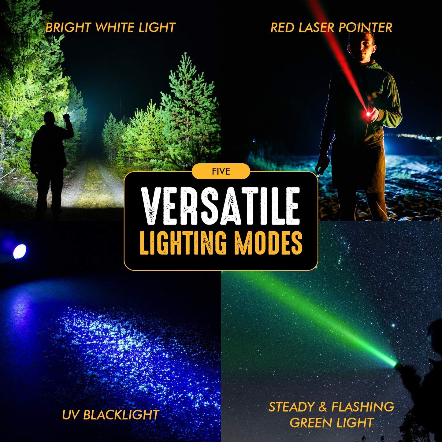 SAMLITE- LED Tactical Flashlight with 5 Options, Bright LED Light, Laser Pointer, UV Blacklight, Green Light and Magnetic Bottom - Water Resistant - (3 AAA Batteries Included)