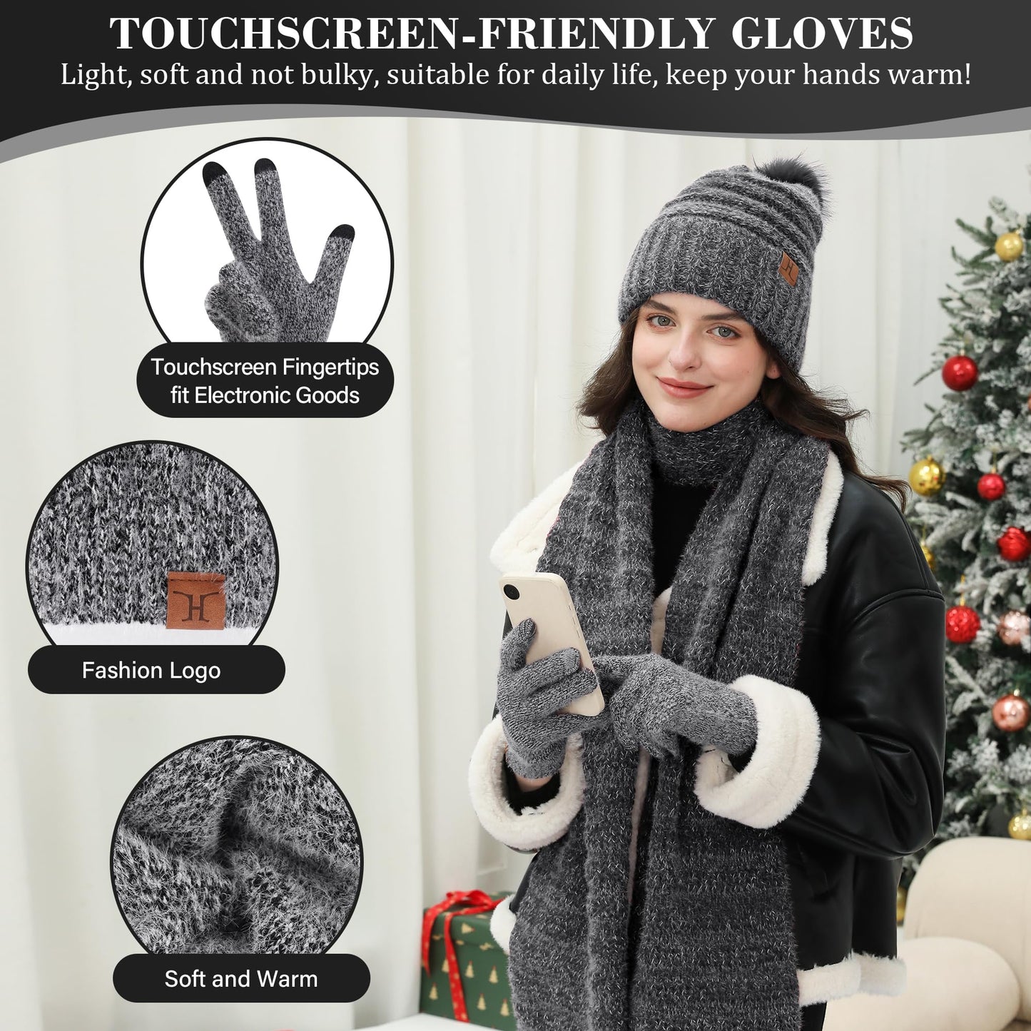 Womens Winter Hats Beanie Touchscreen Gloves Long Scarf Set Knit Warm Caps with Pom Fleece Gifts for Women