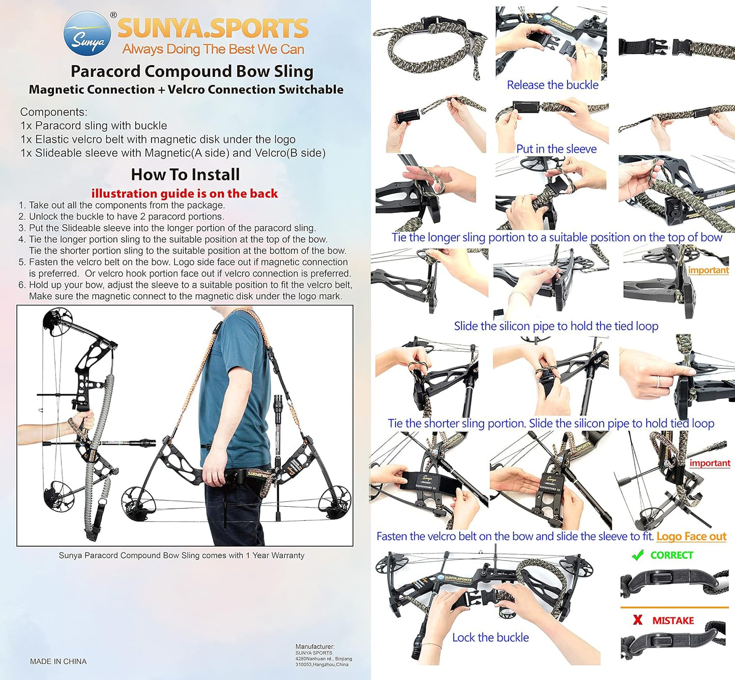 Paracord Bow Sling - V2 Magnetic Connection System for Hands-Free Carrying | Lightweight for Hunting & Archery