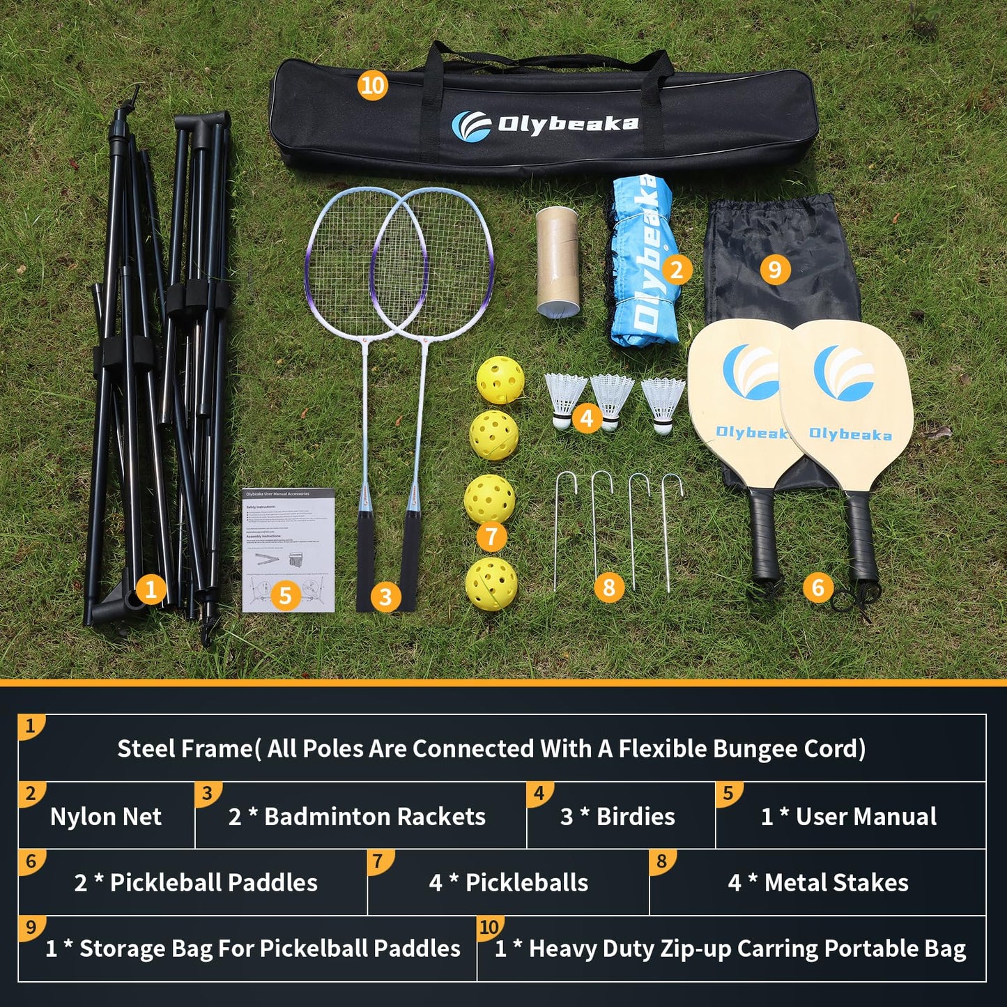 All-in-one Portable Badminton & Pickleball Net Set for Backyard Beach Driveway with Height Adjustable Poles, Durable Net, 2 Aluminum Badminton Rackets + 2 Pickleball Paddles