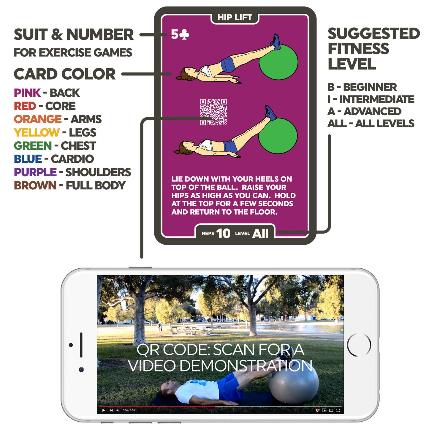 Stack 52 Exercise Ball Fitness Cards. Swiss Ball Workout Playing Card Game. Video Instructions Included. Bodyweight Training Program for Balance and Stability Balls. (2019 Updated Deck)