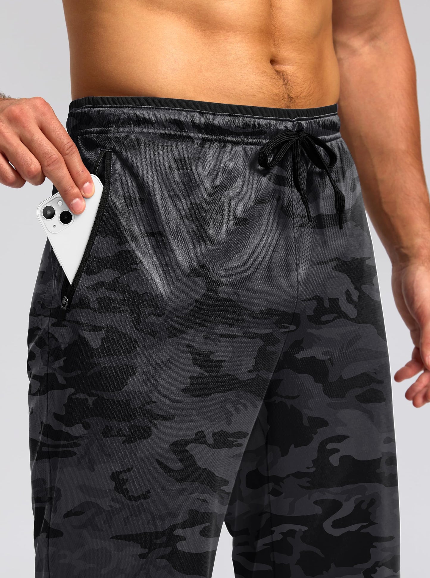 G Gradual Men's Sweatpants Open Bottom Athletic Pants with Zip Pockets Mesh Lightweight for Running, Workout, Lounge (Blackcamo/Grey, Large)