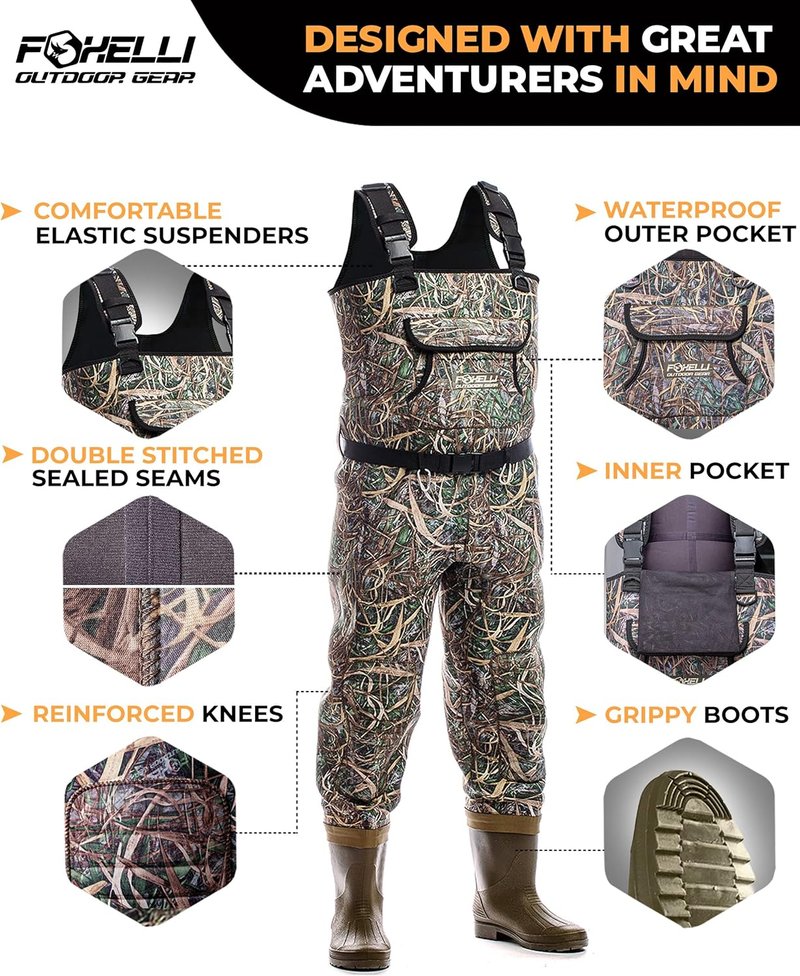 Foxelli Waterproof Chest Waders - 4mm Neoprene Hunting & Fishing Gear for Men & Women | Durable & Comfortable