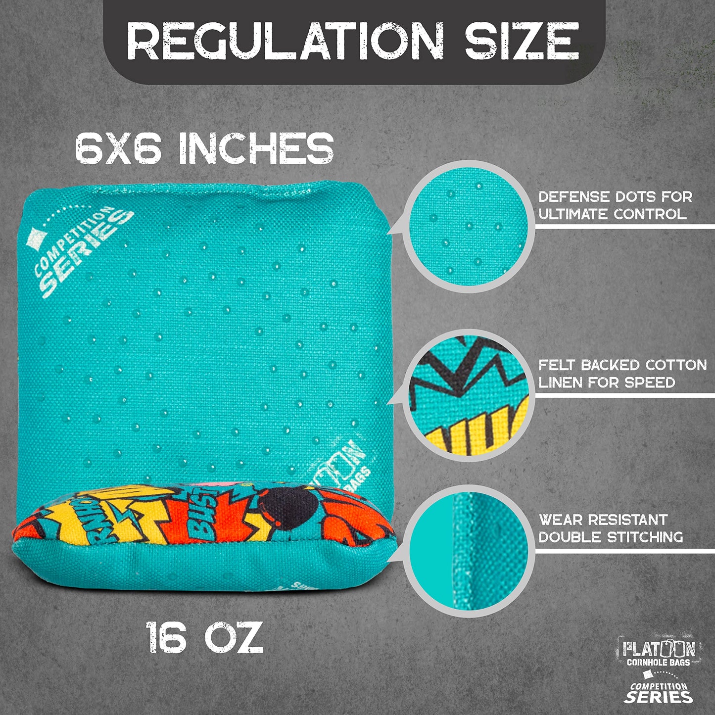 Play Platoon Competition Series Cornhole Bags Set of 8 Regulation Professional Weight Double Sided Slick and Stick with Rubber Sticky Dot Slow Side for Pro Corn Hole Bean Bag Toss Game-Designed in USA