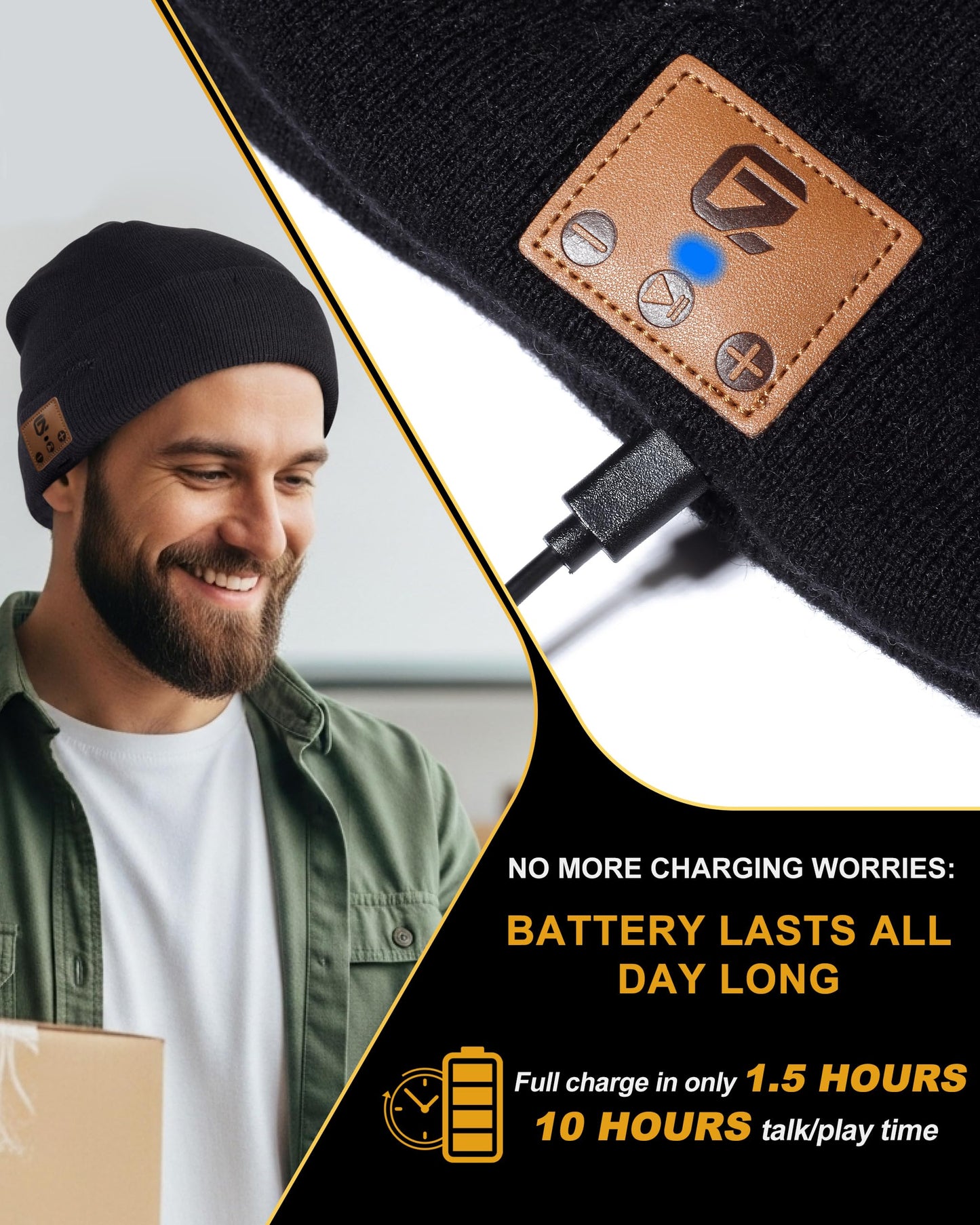 GADIEMKENSD Bluetooth Music Beanie Hat with Built‑in Headphones, Warm Knit Winter Hat for Men Women Teens, Wireless Skull Cap for Running Skiing Sports Tech Stocking Stuffer Black