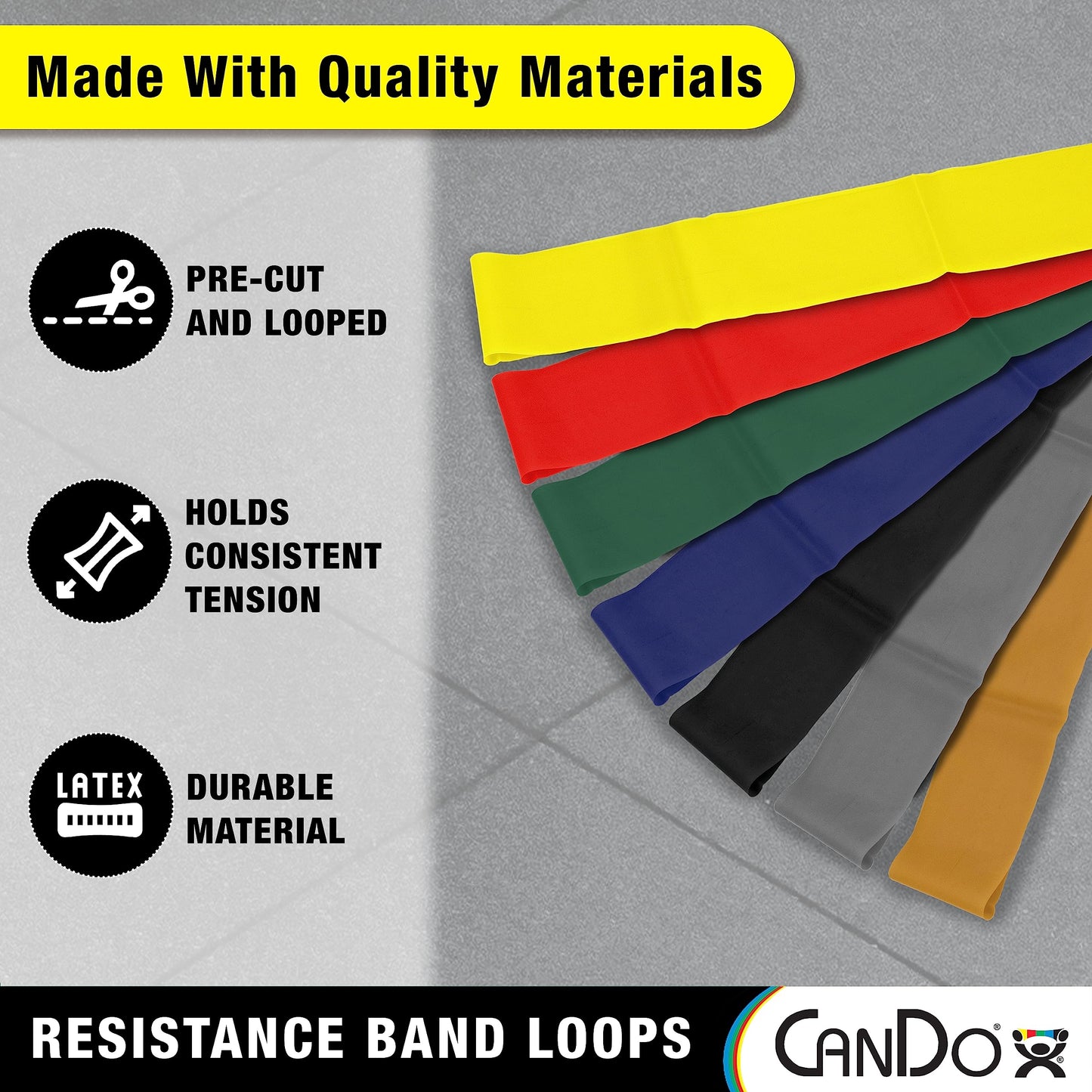 CanDo Resistance Exercise Band Loops, 5pc Set (X-Light - X-Heavy) 30 inch, for Workouts, Exercise, Yoga, Training at Home or Gym, Durable Latex Fitness Bands