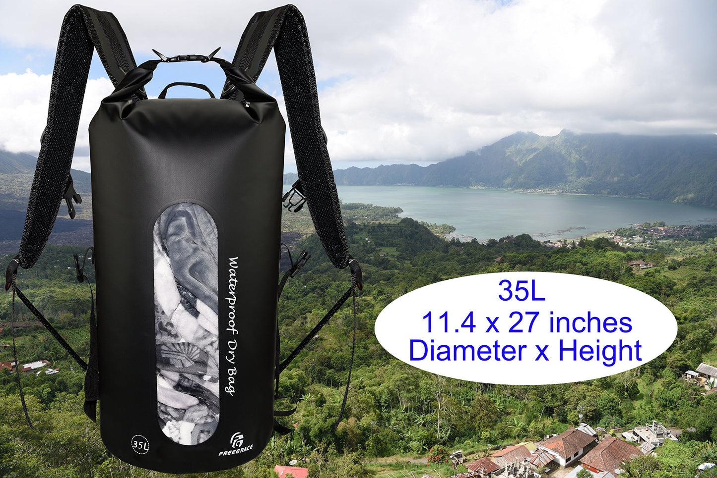 Freegrace Waterproof Dry Bag Set of 3 - Submersible Dry Sack with Double Zip Lock Seals - Includes Waist Pouch & Phone Case - Perfect for Kayaking, Swimming, Boating & Rafting (Window, Black, 35L)