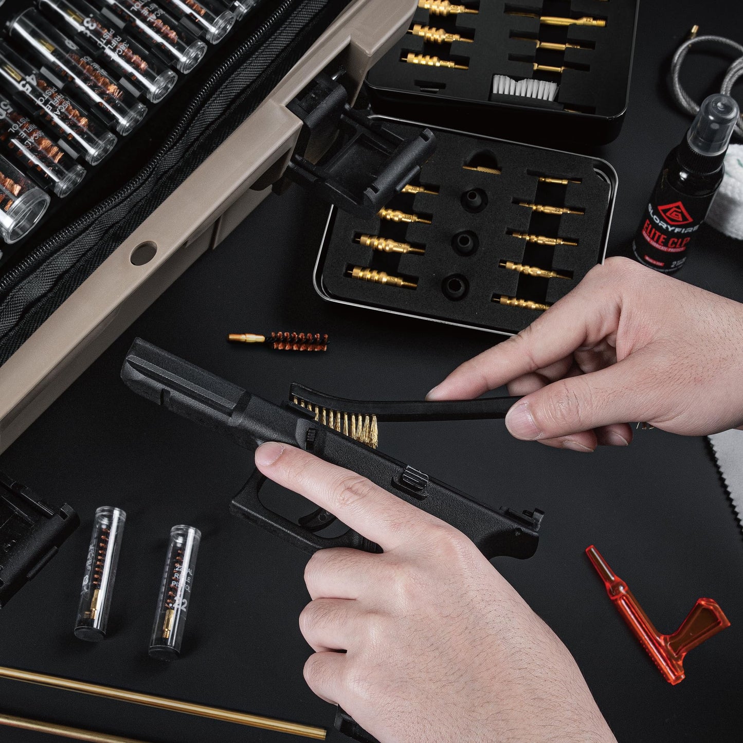 GLORYFIRE Deluxe Universal Gun Cleaning Kit - Highly Effective Cleaning Solutions for Hunting and Shooting - Compact (Coyote)