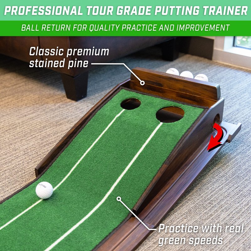 GoSports Pure Putt Golf 9 ft Putting Green Ramp - Premium Wood Training Aid for Home & Office Putting Practice, Includes 9 ft Putting Green and 4 Golf Balls