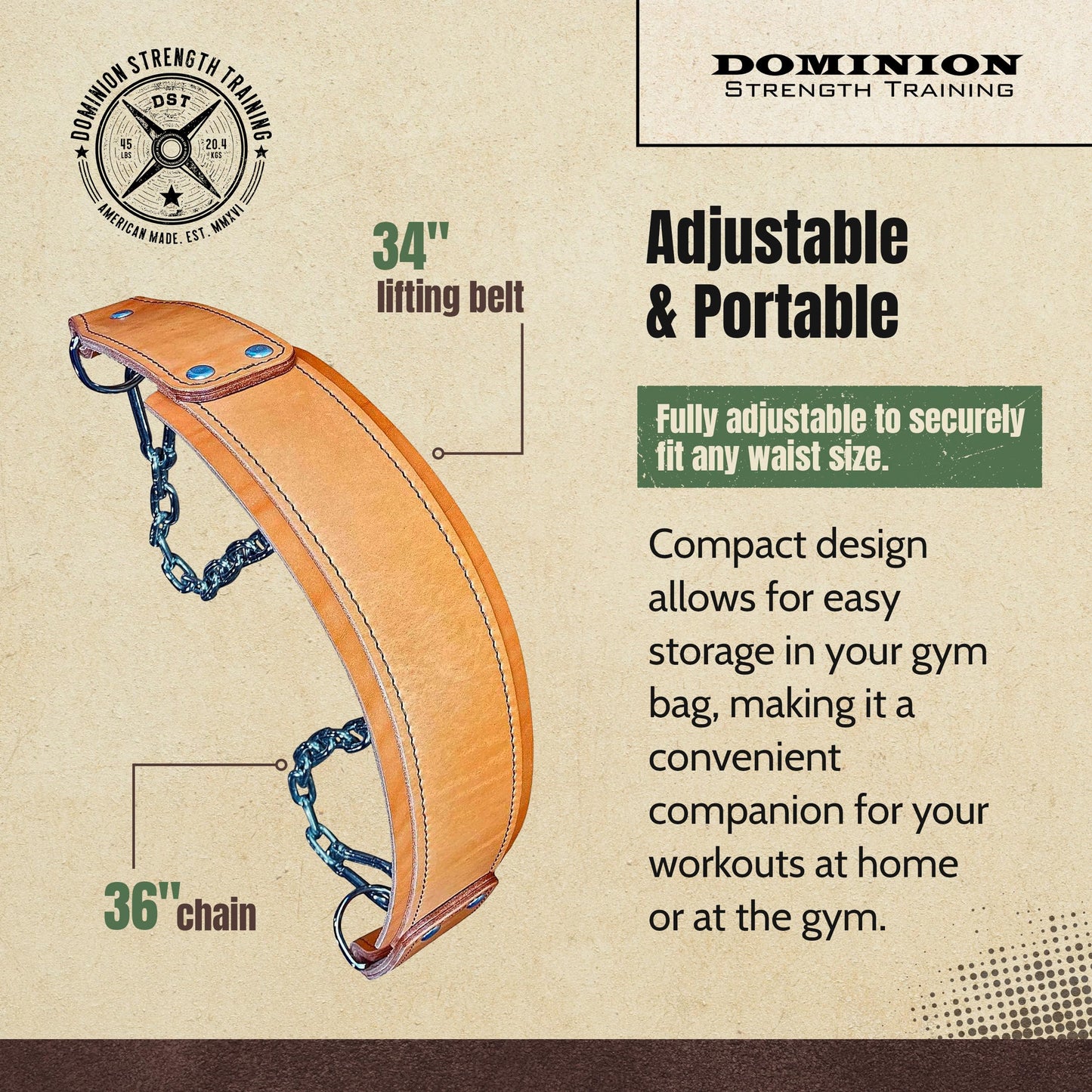 Dominion Strength Training Oiled Leather Heavy-Duty Leather Dip Belt with Steel Chain - Ultimate Accessory for Weighted Pullups, Dips, and Progressive Overload (Oiled Leather)