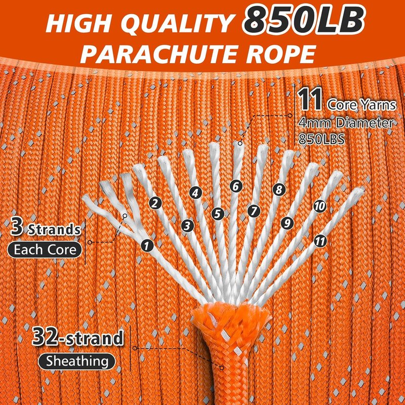 Reflective Paracord Rope - 850lb Heavy-Duty 11 Strand Cord | 500FT Orange for Camping, Hiking & Survival