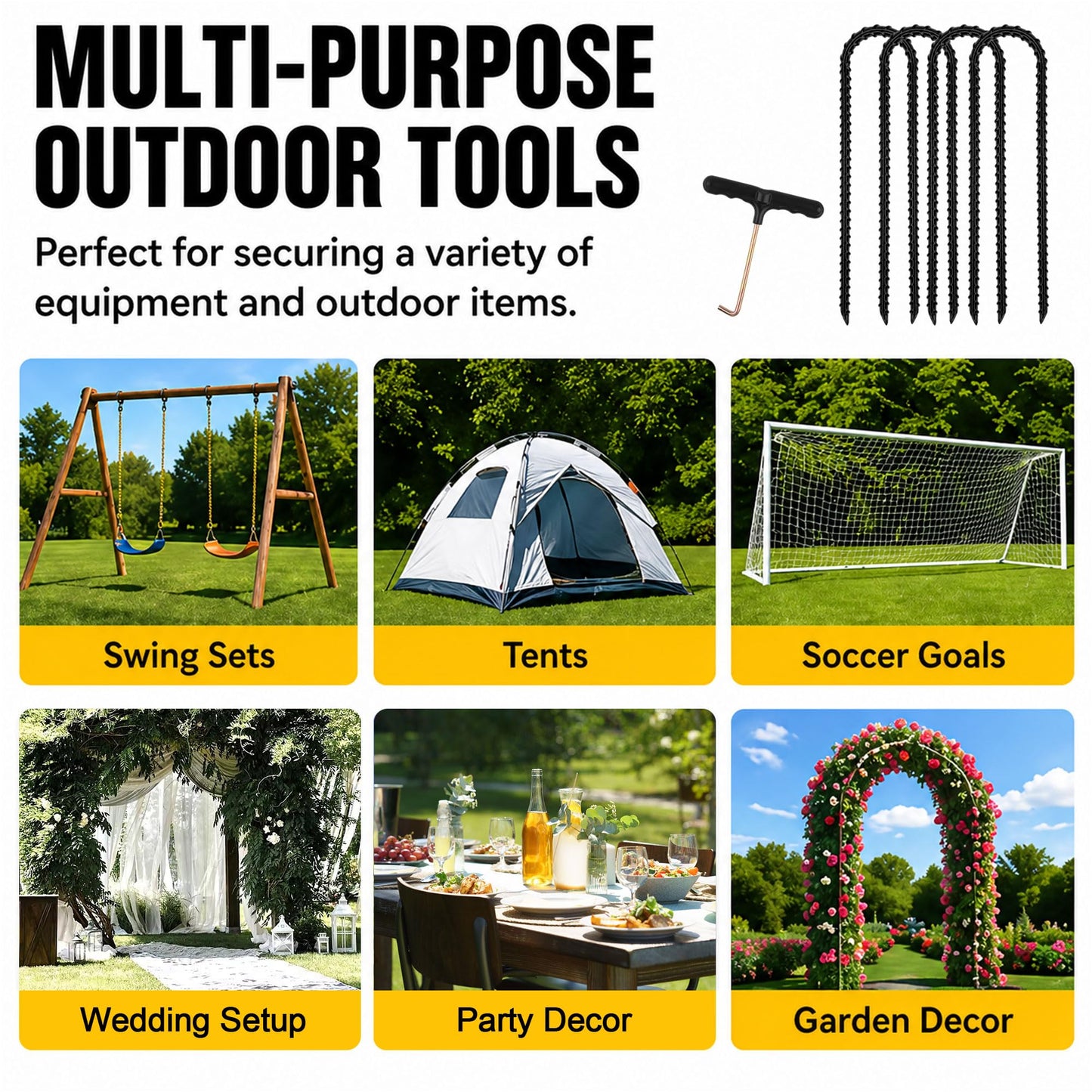 RIY Trampoline Stakes Anchors High Wind 12'' Ground Anchor Heavy Duty Tent Stakes Swing Set Anchors Trampoline Accessories with T Hook - Black 8pcs