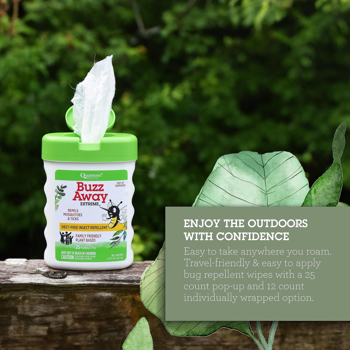 Quantum Health Buzz Away Extreme Insect Repellent Wipes DEET Free Cedarwood Lemongrass & Citronella Oil Outdoor Mosquito & Tick Repeller Powerful Plants Repel Bugs Off Skin, Safe for Kids - 25 Sheets