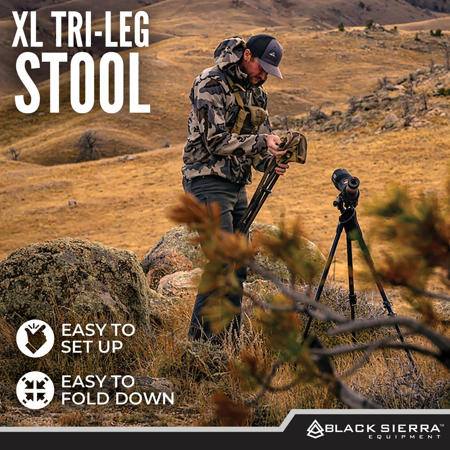 Black Sierra Folding Hunting Stool w/Shoulder Strap Supports 225 lbs, Lightweight Collapsible Tripod Seat, Foldable Steel Frame Chair Perfect for Hunting Blind, Fishing, Hiking, Travel