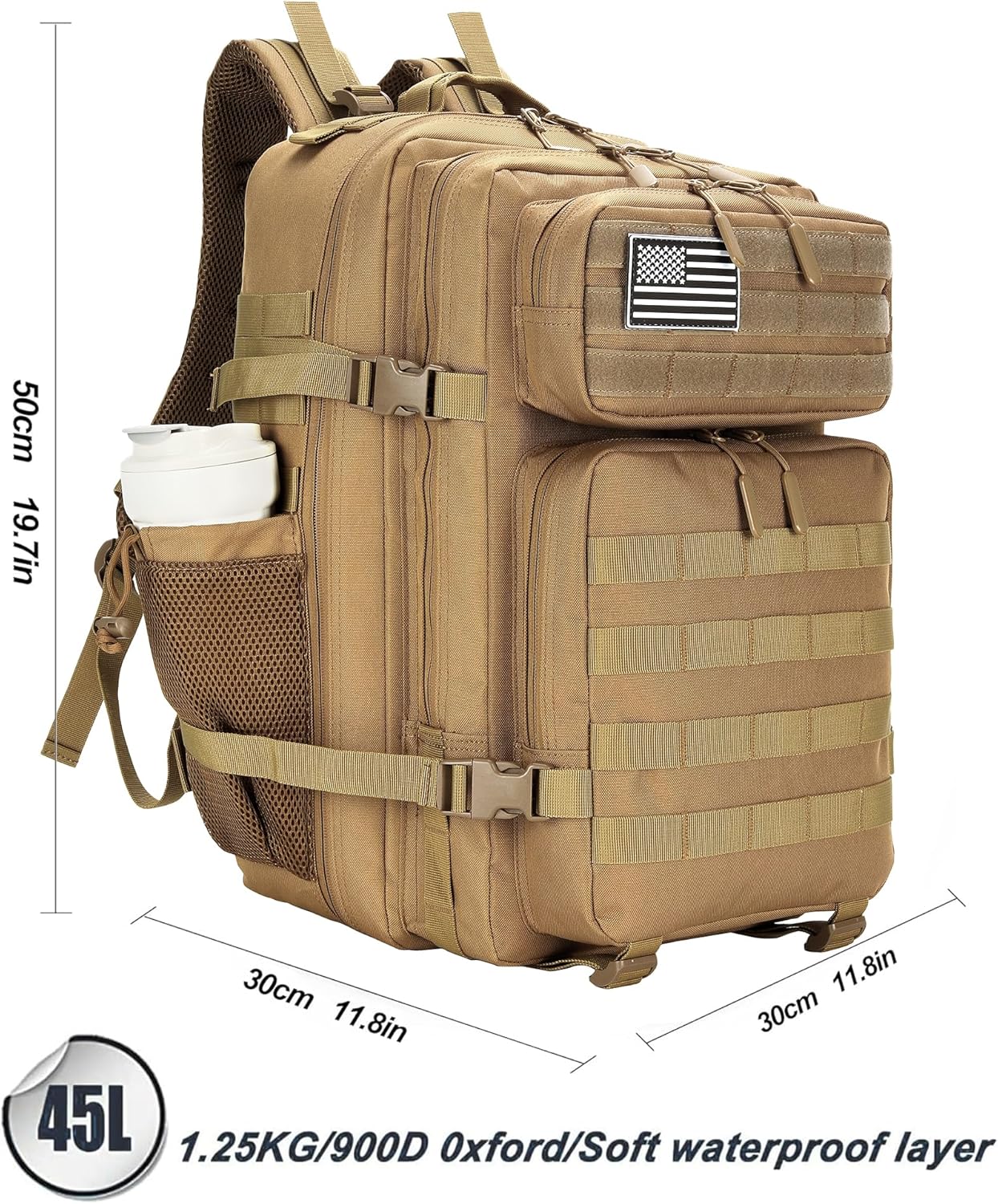 Tactical Assault Backpack - 45L Waterproof Rucksack with Molle | Khaki