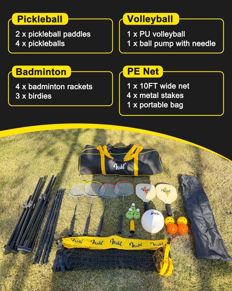 VSSAL 3-in-1 Portable Badminton, Volleyball & Pickleball Net Set for Adults, Adjustable Height 34"–7 ft for Backyards or Beach, Outdoor Sports Combo with Carry Bag, Rackets, Paddles & Balls (10 ft)