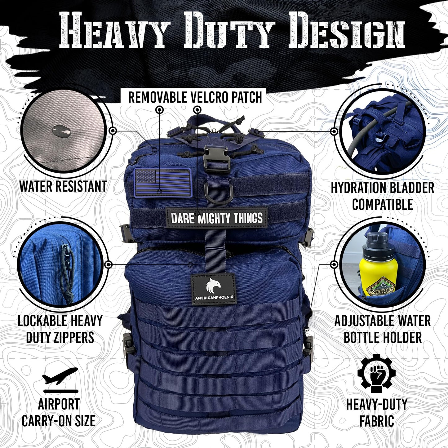 AMERICANPHOENIX 45L Elite Tactical Backpack | 3X Stronger Work & Military Backpack | Water Resistant and Heavy Duty | 3 Day MOLLE Bug Out Bag (Atlantic Blue)