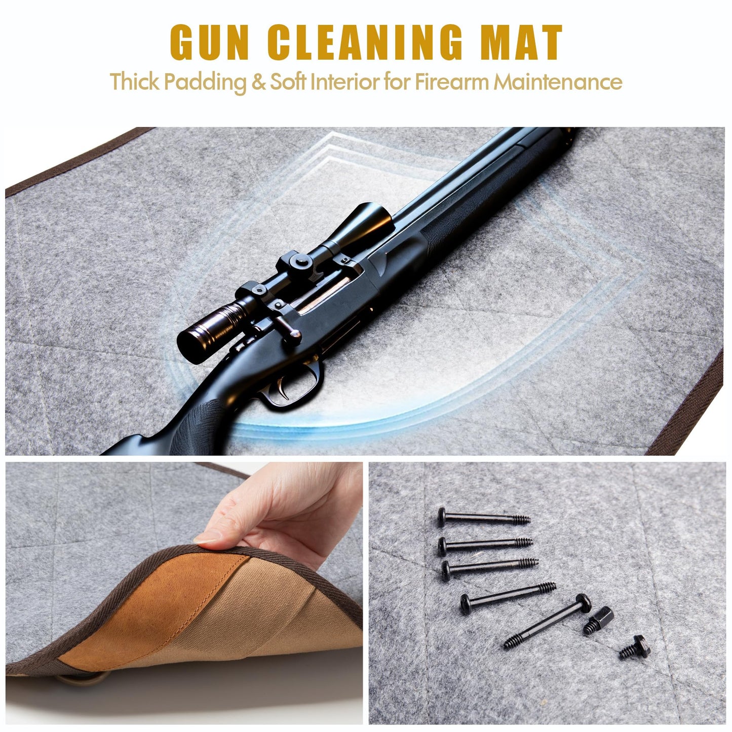 GOBUROS Large Gun Cleaning Mat for All Guns, Roll Up Rifle Cleaning Pad with PVC Accessory Organizer for Shotgun Handgun Pistols, Portable Canvas Gun Clean Mat with Shoulder Strap Khaki