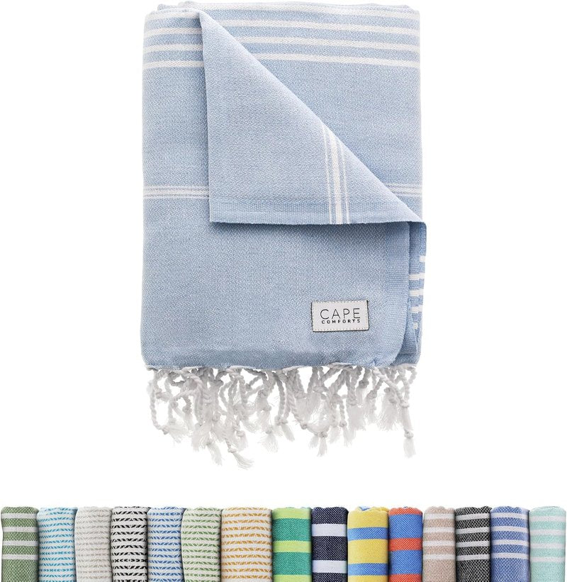 Turkish Beach Towel - Large Super Soft & Lightweight Quick Dry | Classic Powder Blue, Sand-Free Organic Cotton