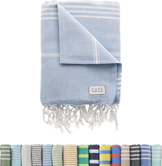 Turkish Beach Towel - Large Super Soft & Lightweight Quick Dry | Classic Powder Blue, Sand-Free Organic Cotton