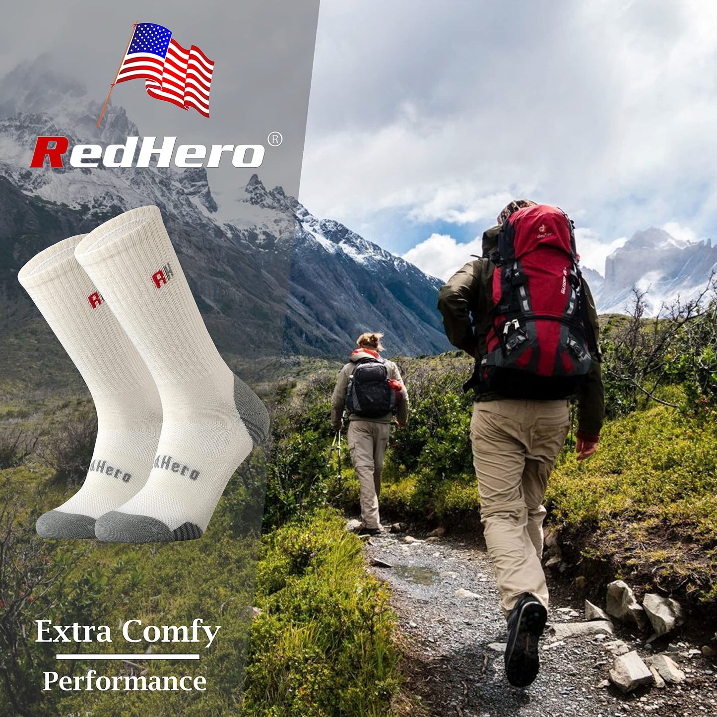 RedHero Men's Merino Wool Cushion Crew Socks for Outdoor Hiking Trekking Hike Soft Cozy Thermal Fit Moisture Control (White L)