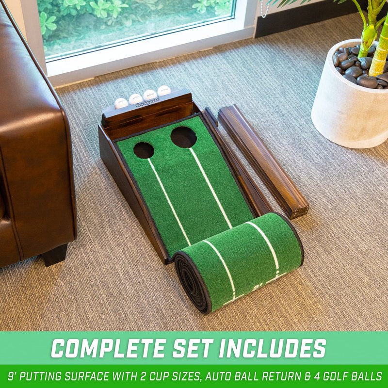 GoSports Pure Putt Golf 9 ft Putting Green Ramp - Premium Wood Training Aid for Home & Office Putting Practice, Includes 9 ft Putting Green and 4 Golf Balls