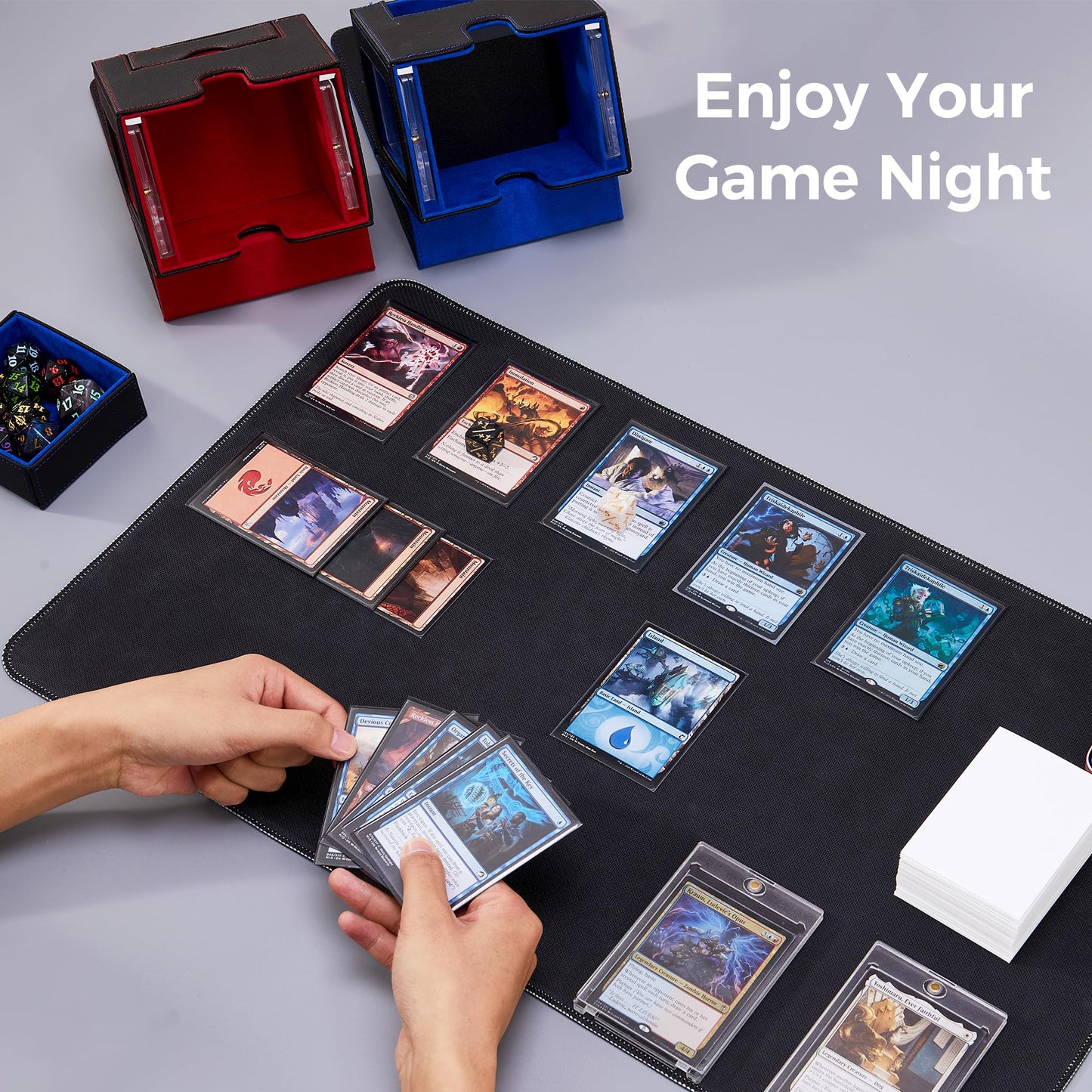 Zettokete MTG Commander Deck Box with Dual Commander Display, Patented Card Deck Box Fits 100 Double-Sleeved Cards, MTG Card Case with Dice Tray, 2 Dividers, 2 Magnetic Holders, Pink & Black