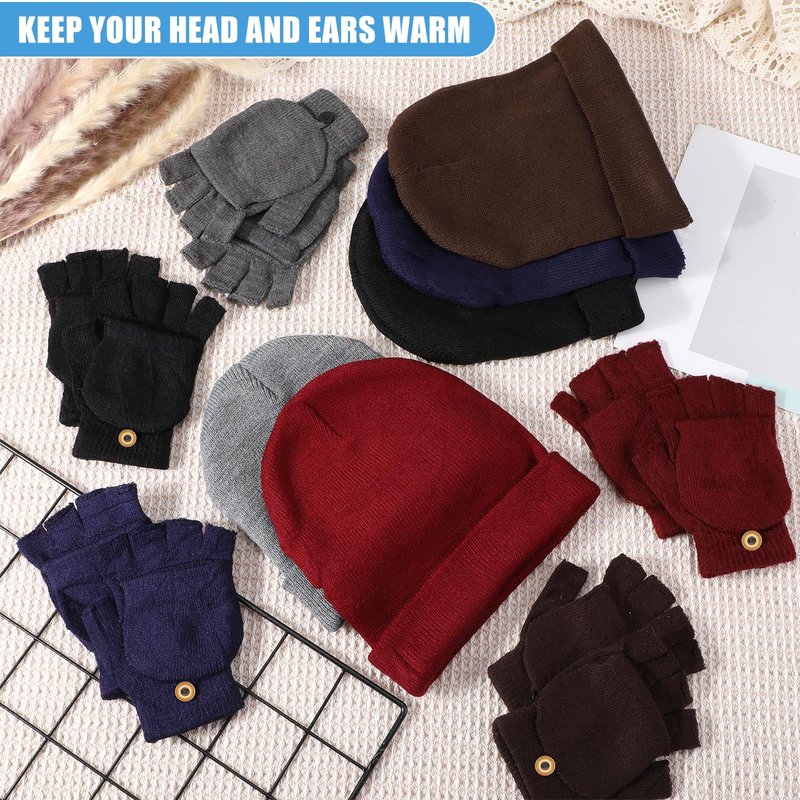 Geyoga 10/30/60 Pcs Winter Beanies and Gloves Warm Knitted Hats Flip Fingerless Mittens Cold Gift for Men Women Homeless Care(10 Pcs)