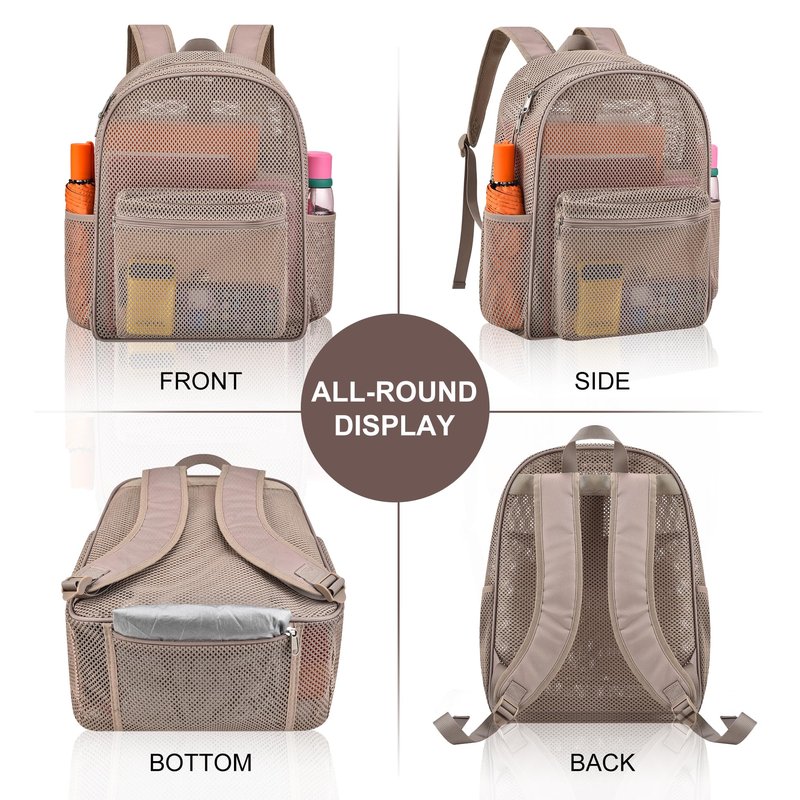 Oraben Heavy Duty Mesh Pack With Rain Cover See Through Backpack Mesh Backpack Bookbag Ideal for Class, Work, Travel, Beach Outings (Khaki)